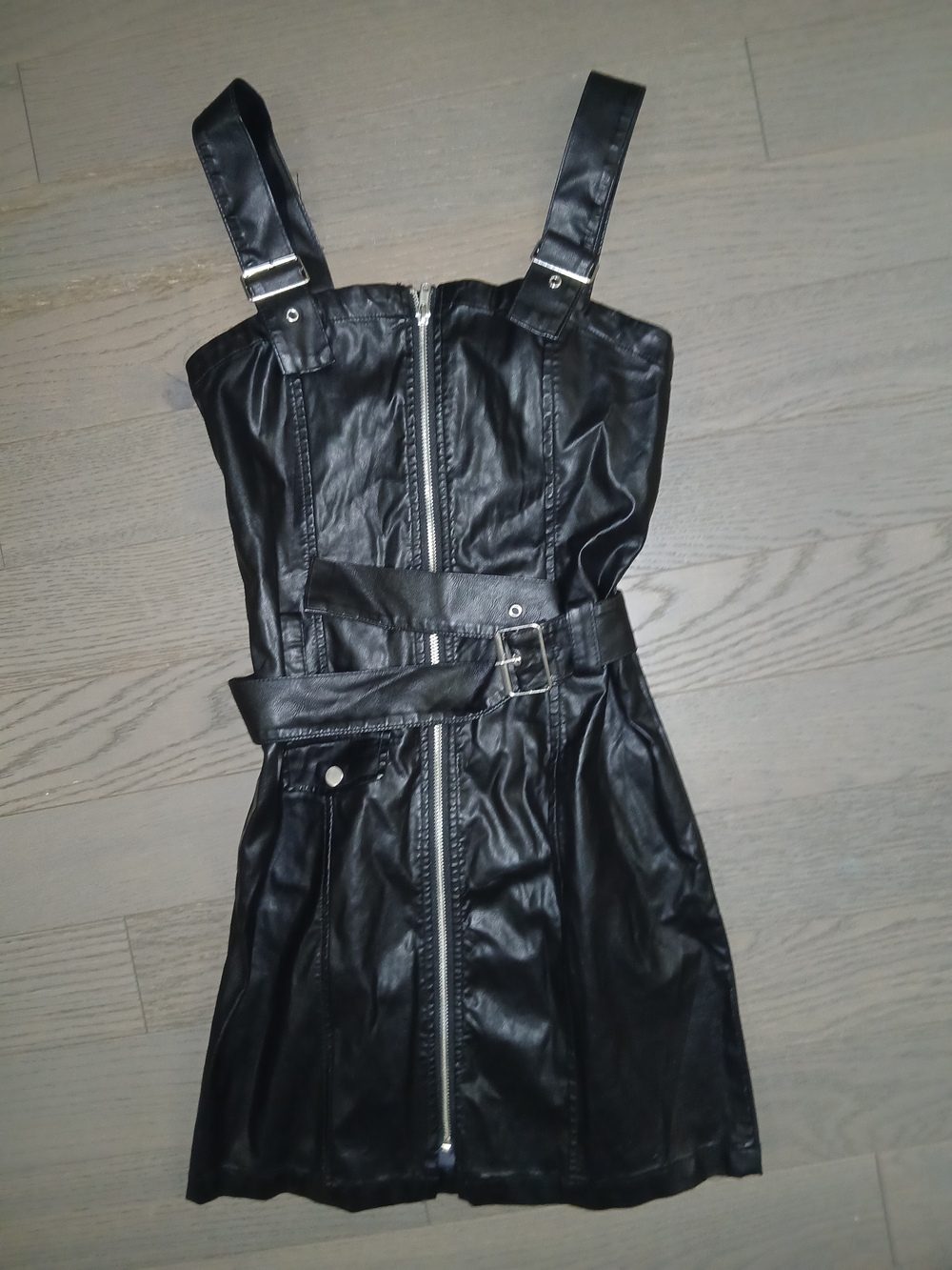 Divided Black Faux Leather Mini Dress with Belt